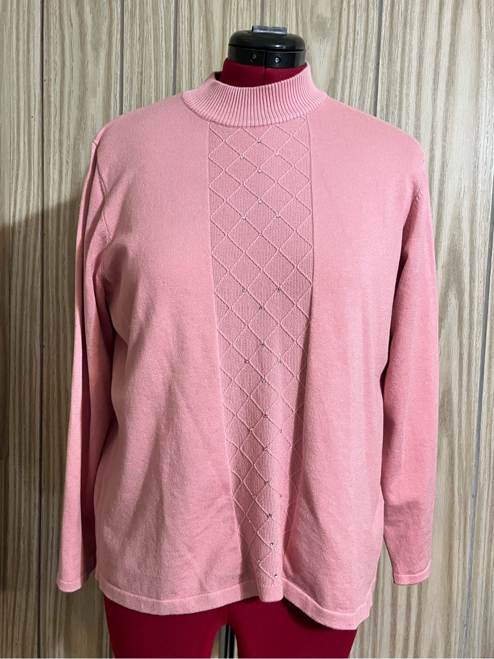 Emotions Pink Mock Neck Knit Sweater Rhinestone Diamond Panel Plus Size XL
